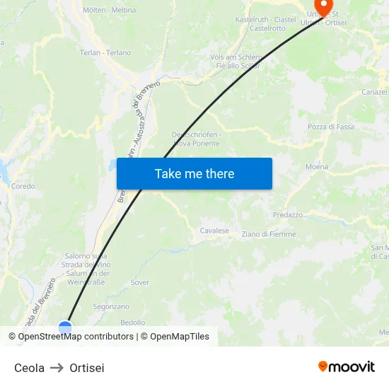 Ceola to Ortisei map