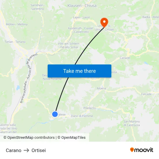 Carano to Ortisei map