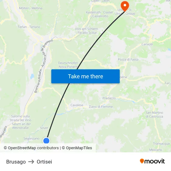 Brusago to Ortisei map
