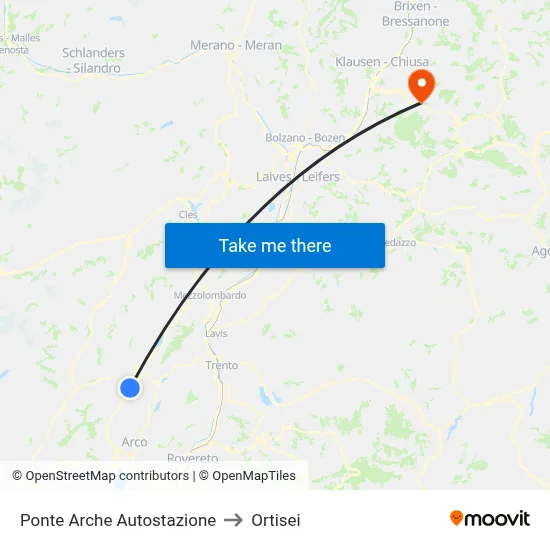 Ponte Arche Bus Station to Ortisei map