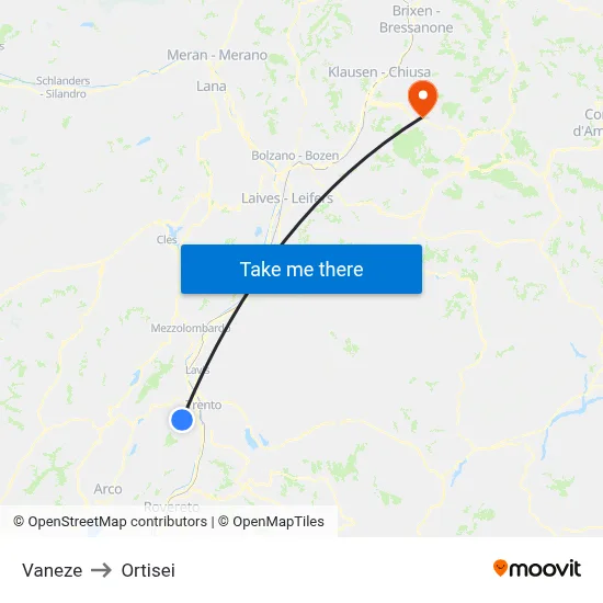 Vaneze to Ortisei map