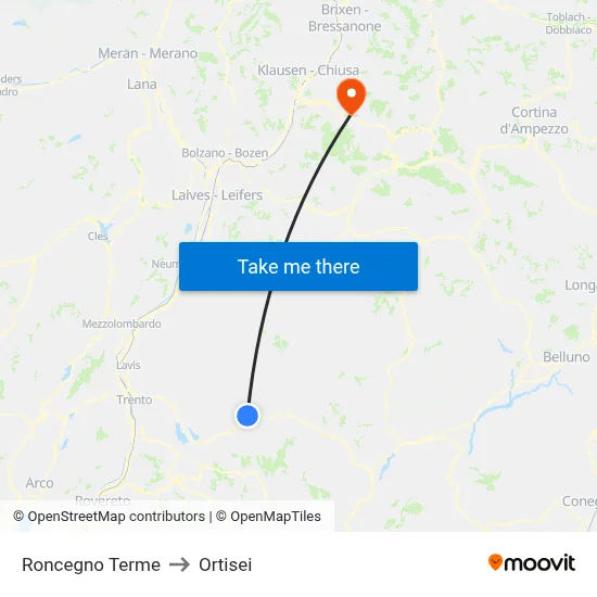 Roncegno Terme to Ortisei map