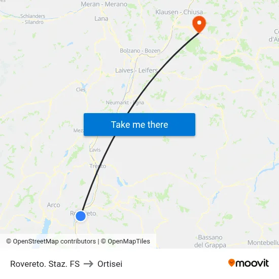 Rovereto Train Station to Ortisei map