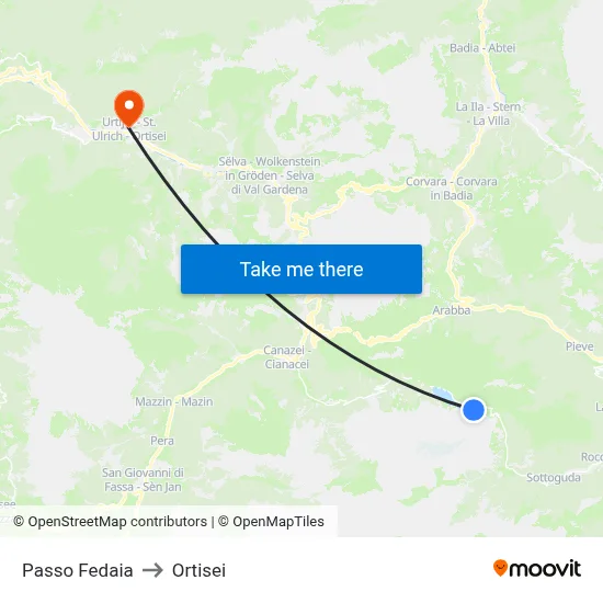 Fedaia Pass to Ortisei map