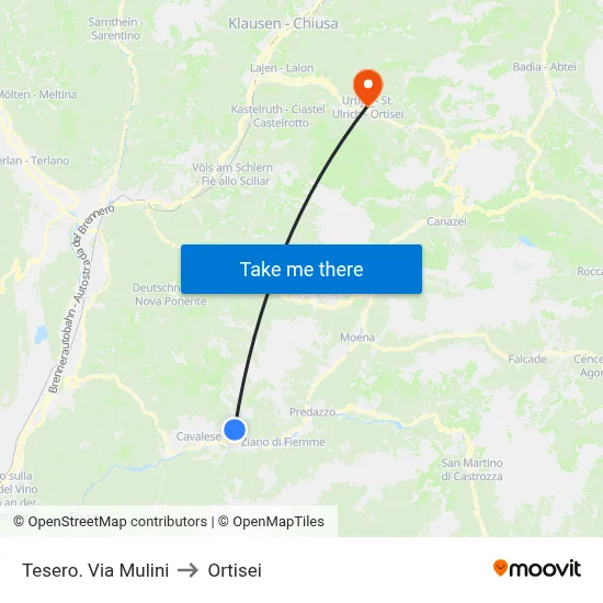 Tesero. Via Mulini to Ortisei map