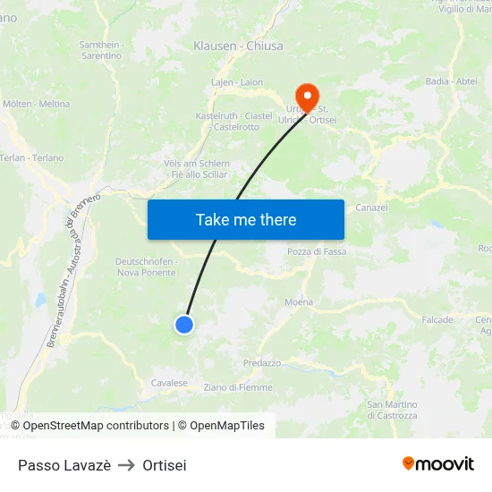 Lavazè Pass to Ortisei map