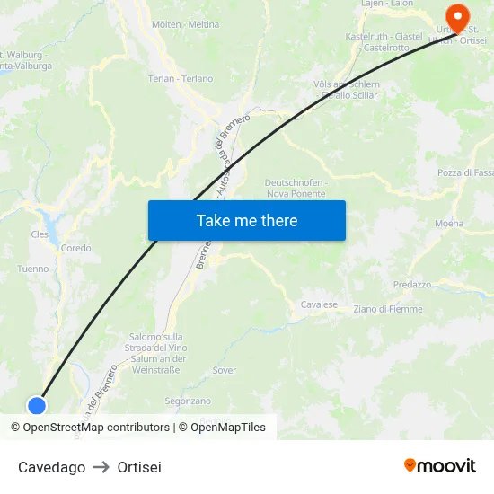 Cavedago to Ortisei map