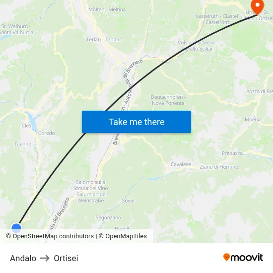 Andalo to Ortisei map