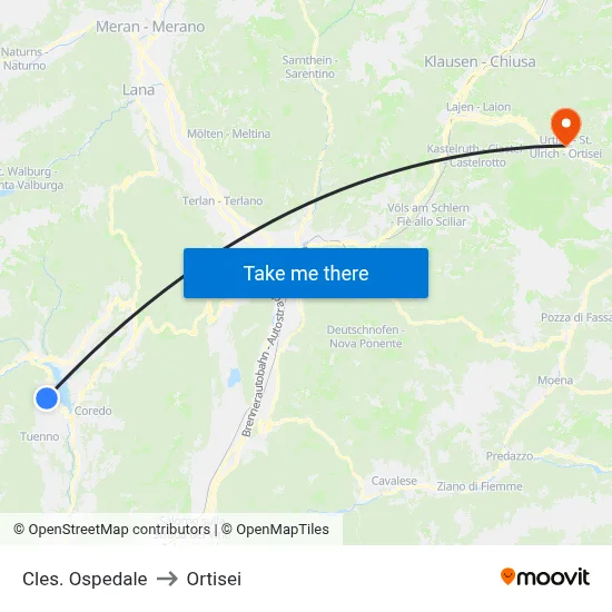 Cles. Ospedale to Ortisei map