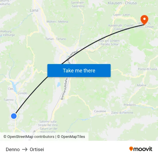 Denno to Ortisei map