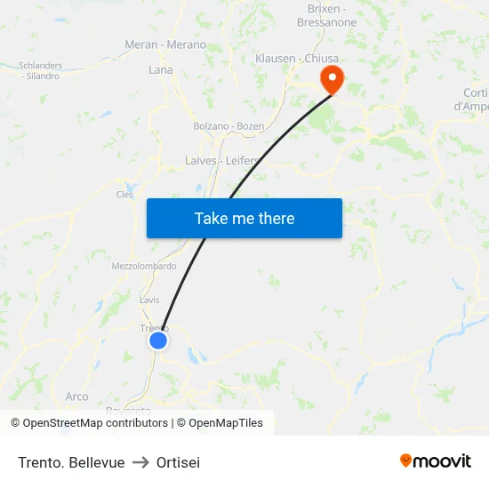 Trento. Bellevue to Ortisei map