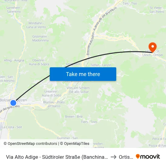 South Tyrol Street (Platform A) to Ortisei map