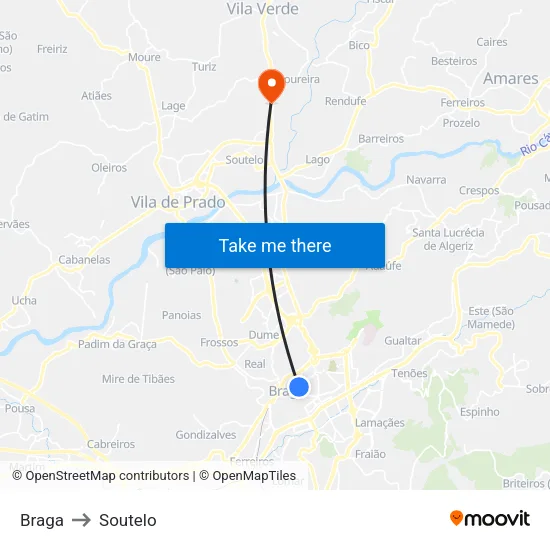 Braga to Soutelo map