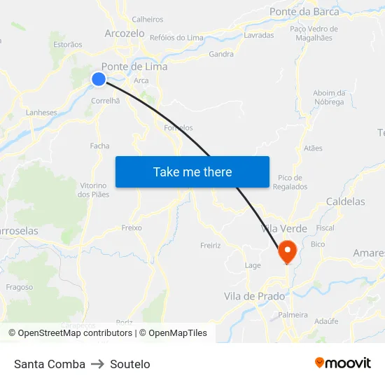 Santa Comba to Soutelo map