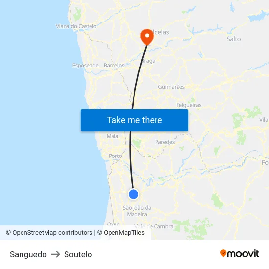 Sanguedo to Soutelo map