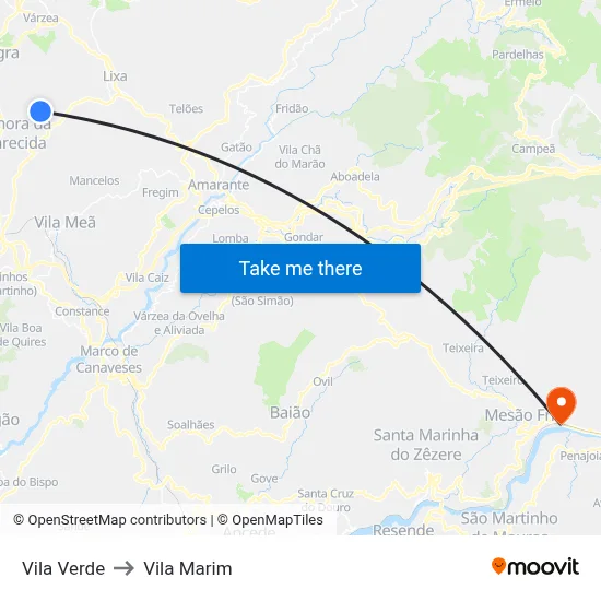 Vila Verde to Vila Marim map
