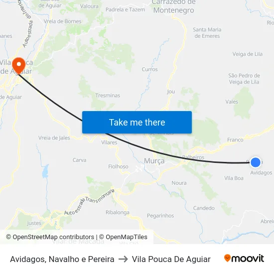 Avidagos, Navalho e Pereira to Vila Pouca De Aguiar map