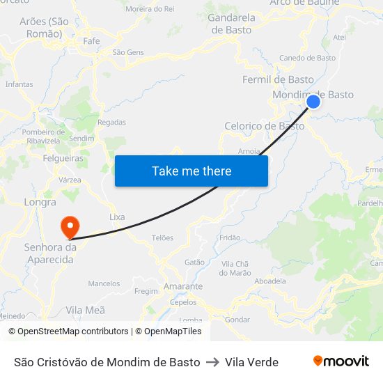 São Cristóvão de Mondim de Basto to Vila Verde map