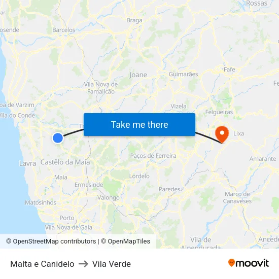 Malta e Canidelo to Vila Verde map