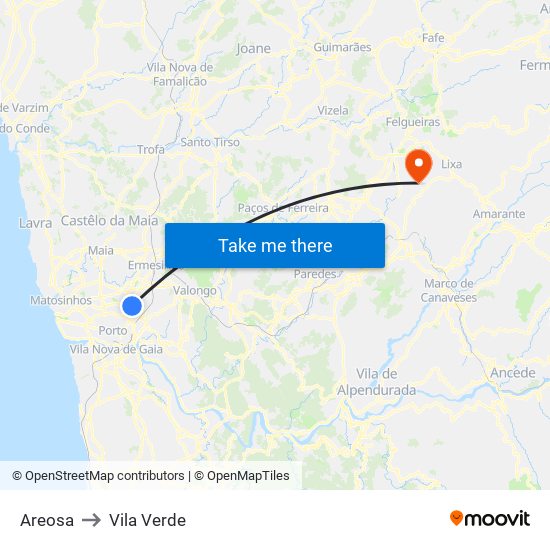 Areosa to Vila Verde map