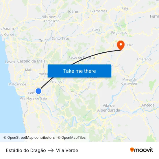 Estádio do Dragão to Vila Verde map