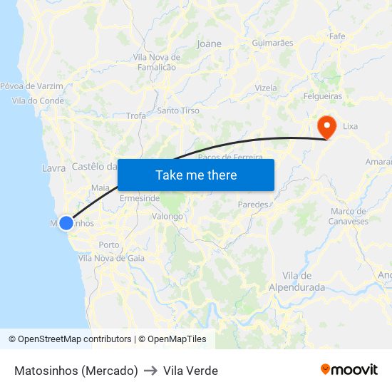 Matosinhos (Mercado) to Vila Verde map