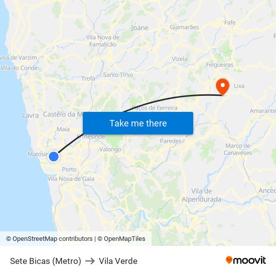 Sete Bicas (Metro) to Vila Verde map