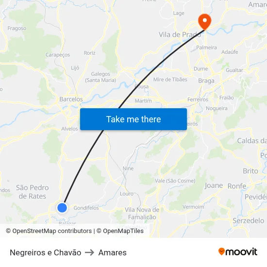 Negreiros e Chavão to Amares map