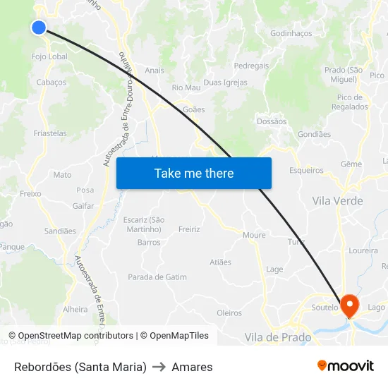 Rebordões (Santa Maria) to Amares map