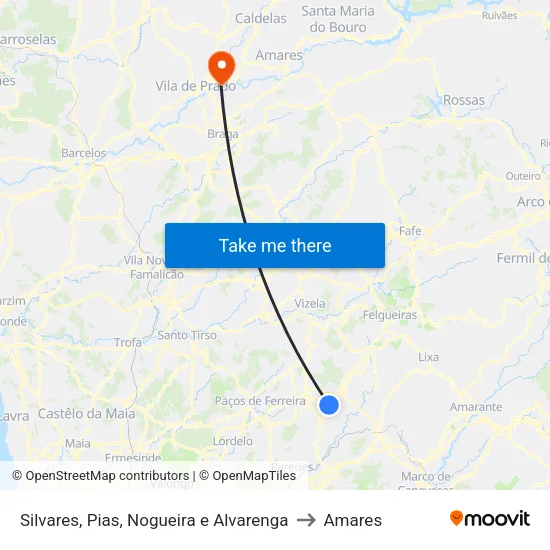 Silvares, Pias, Nogueira e Alvarenga to Amares map