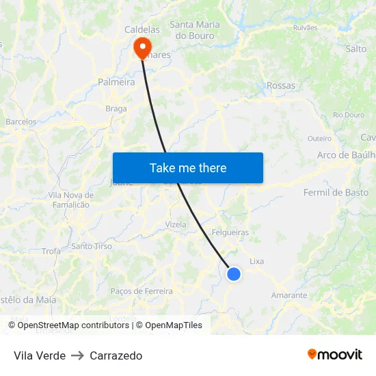 Vila Verde to Carrazedo map