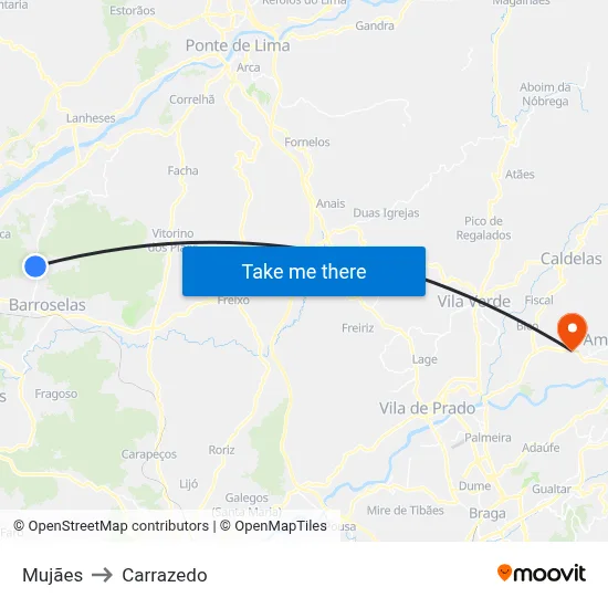 Mujães to Carrazedo map