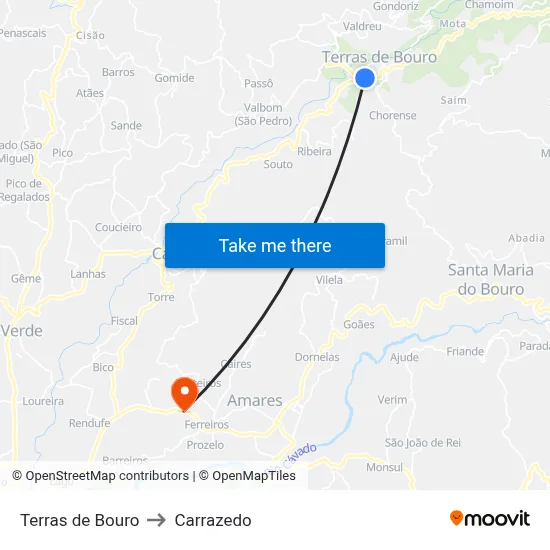 Terras de Bouro to Carrazedo map