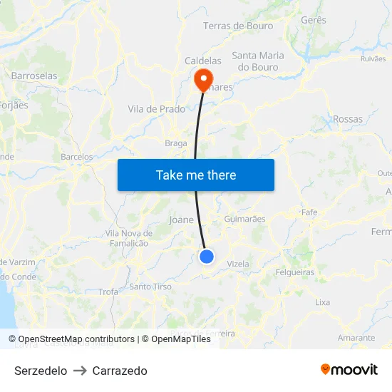 Serzedelo to Carrazedo map