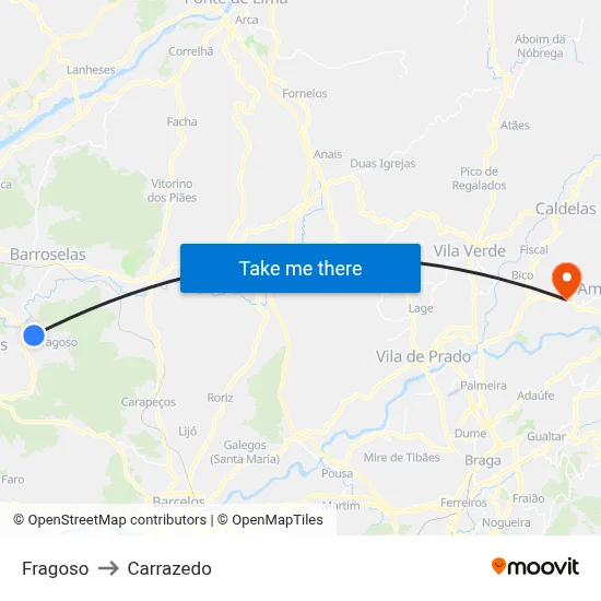 Fragoso to Carrazedo map