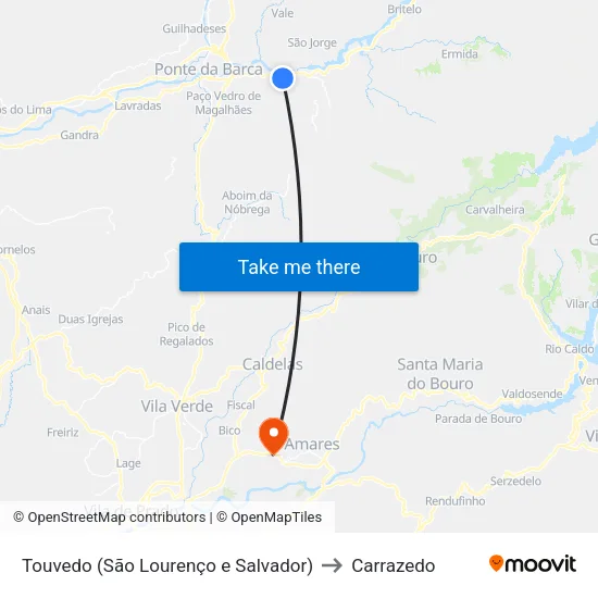 Touvedo (São Lourenço e Salvador) to Carrazedo map