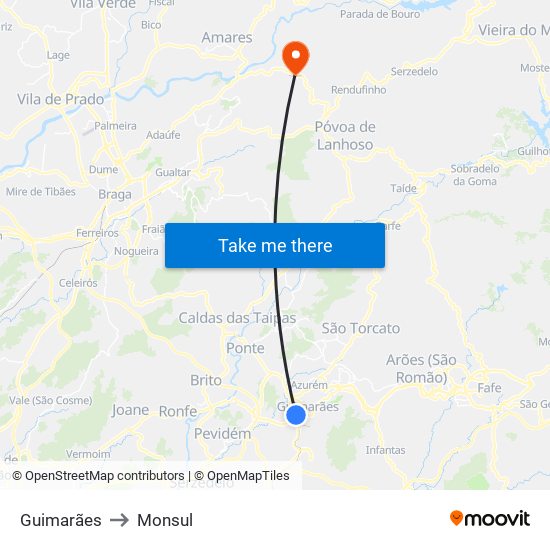 Guimarães to Monsul map