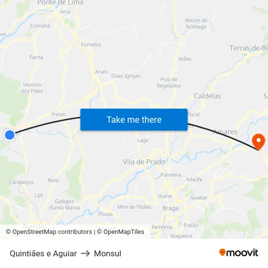 Quintiães e Aguiar to Monsul map