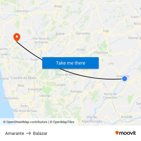 Amarante to Balazar map
