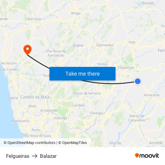 Felgueiras to Balazar map
