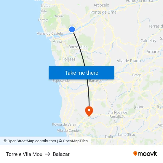 Torre e Vila Mou to Balazar map