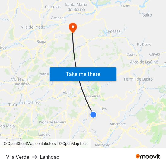 Vila Verde to Lanhoso map