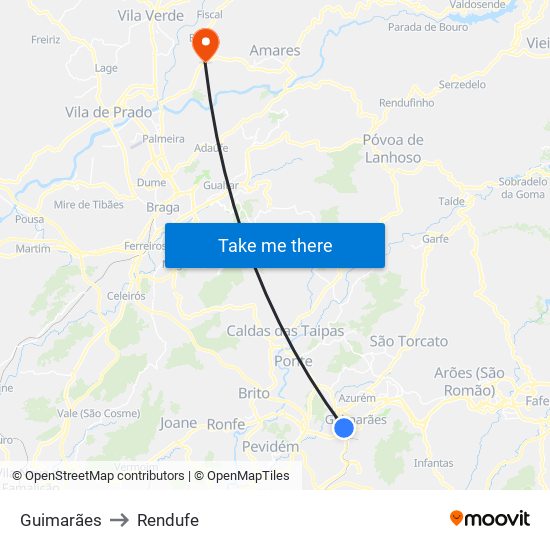 Guimarães to Rendufe map