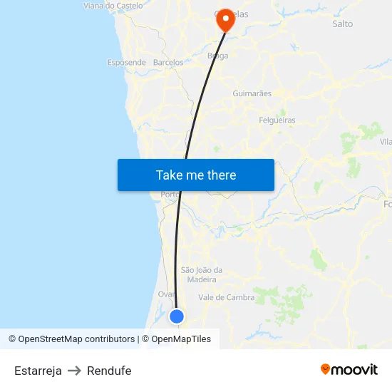 Estarreja to Rendufe map