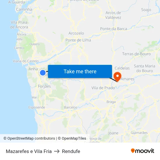 Mazarefes e Vila Fria to Rendufe map