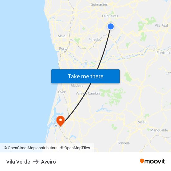 Vila Verde to Aveiro map