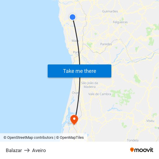 Balazar to Aveiro map