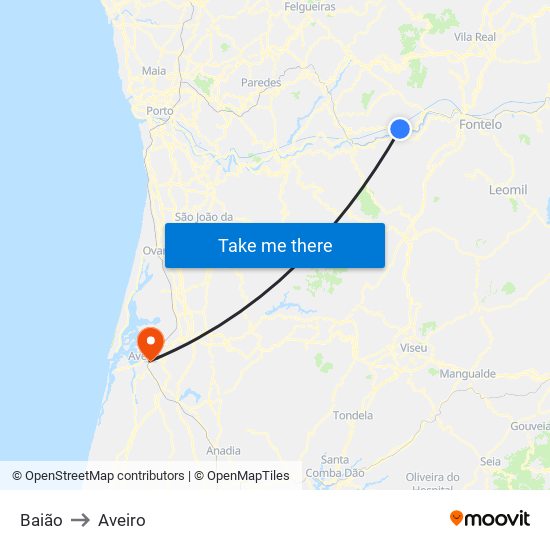 Baião to Aveiro map