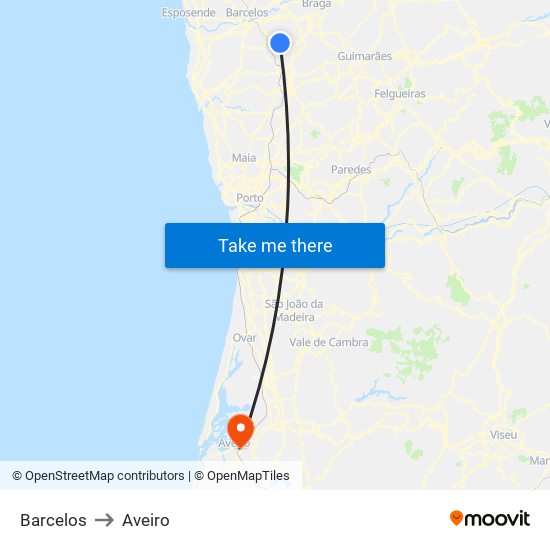 Barcelos to Aveiro map