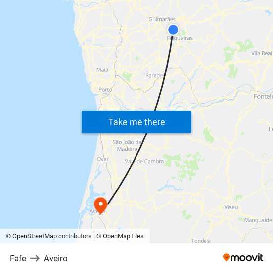 Fafe to Aveiro map
